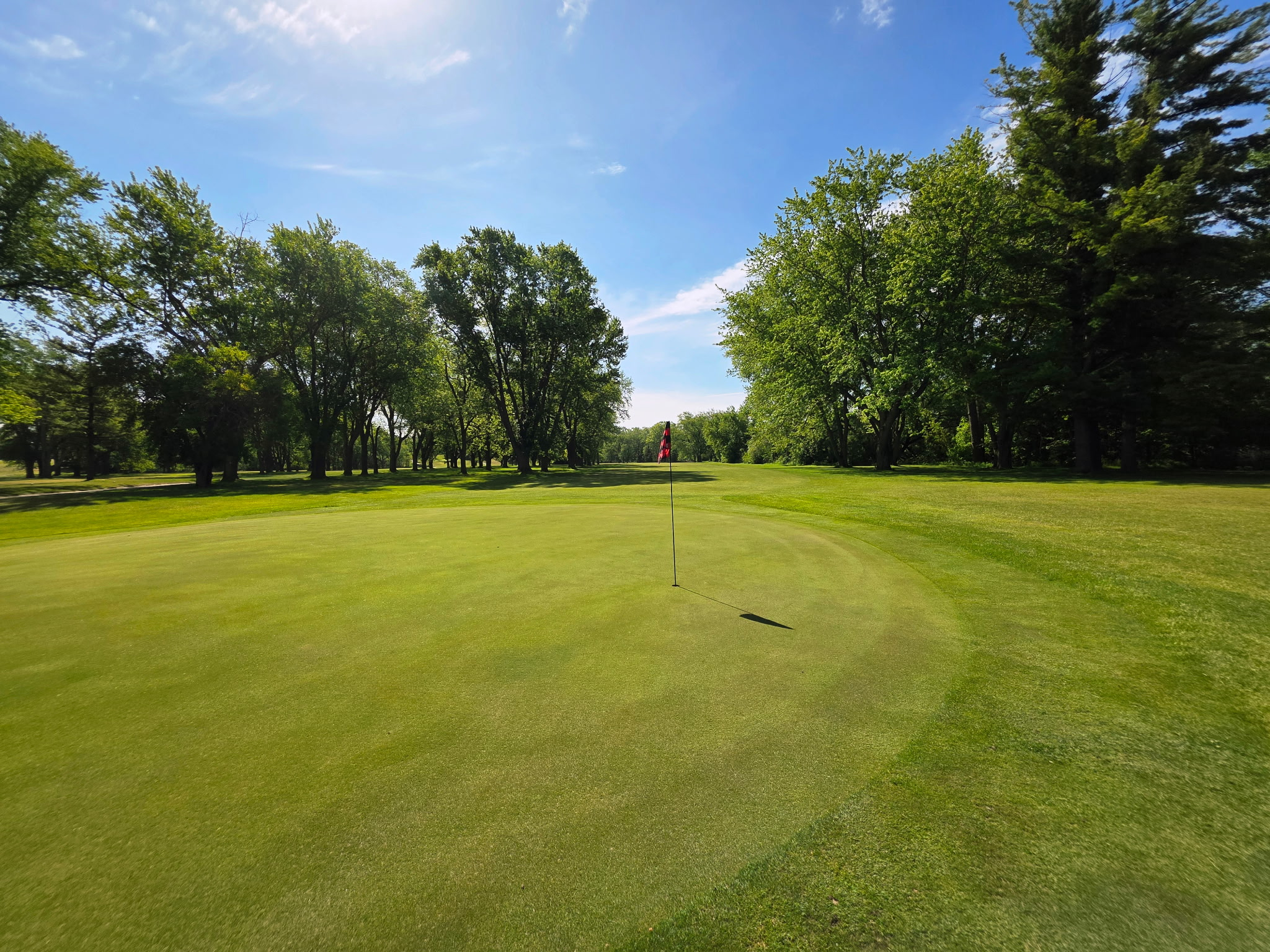 Wide angle golf course shot taken from behind a green featuring lush green grass, mature trees, and clear blue skies.